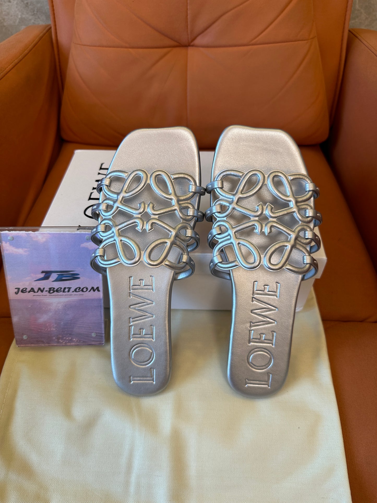 Loewe Metallic Silver Anagram Slide Sandals
