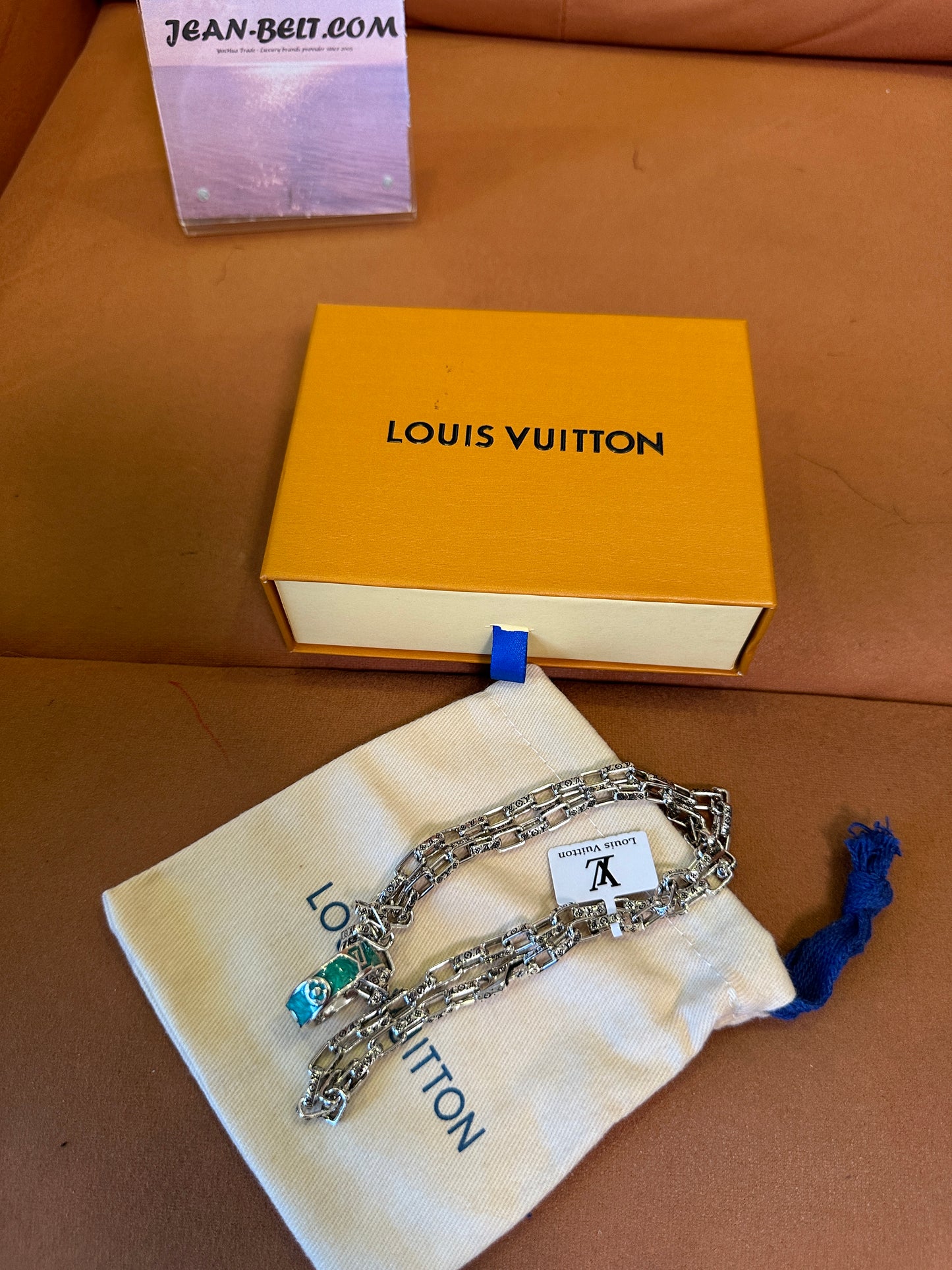 Louis Vuitton Silver Monogram Chain Necklace with Green Enamel Ring