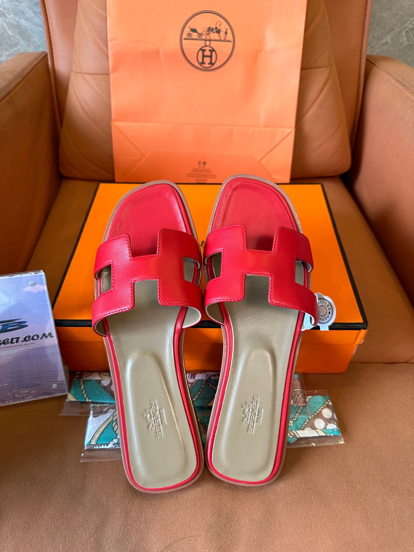 Hermès Oran Slippers in Red Calfskin Leather