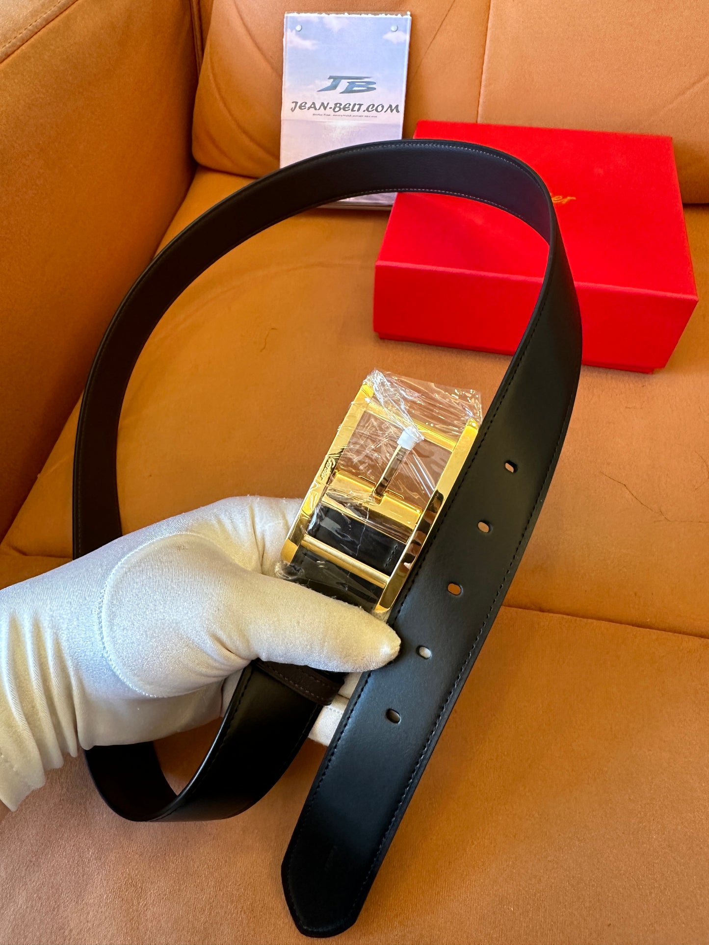 Cartier Men's Black Leather Belt with Gold Buckle