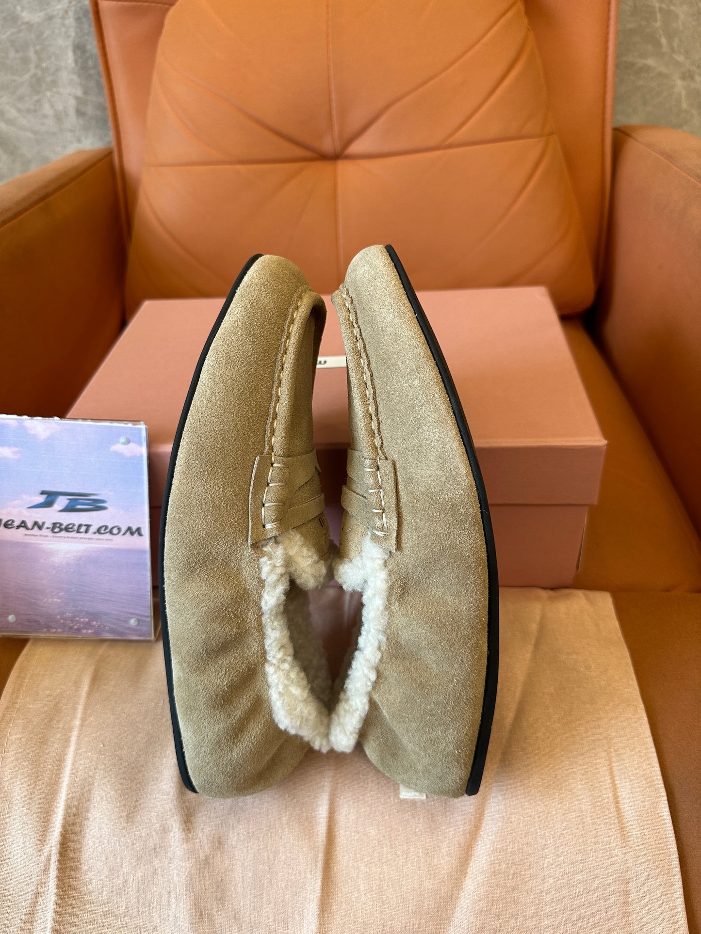Miu Miu Shearling-Lined Suede Loafers – Beige