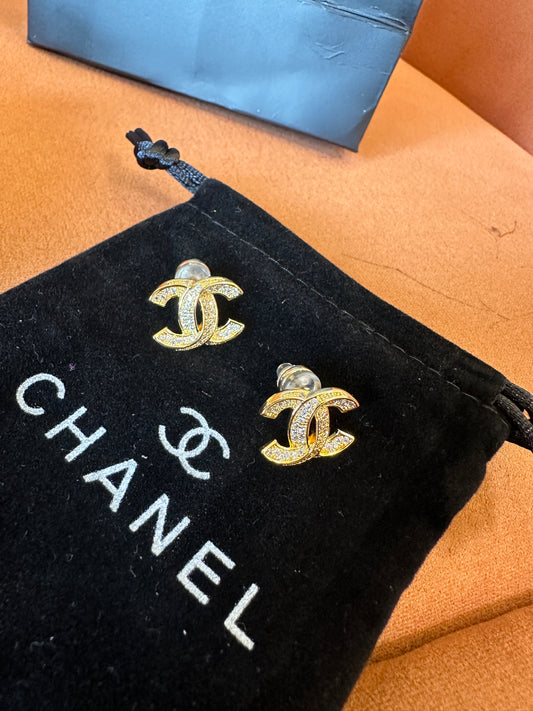 Chanel Crystal CC Logo Earrings – Gold-Tone with Pave Crystals