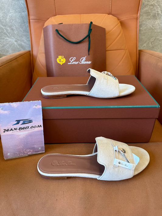 Loro Piana Beige Suede Slide Sandals with Rope Detail