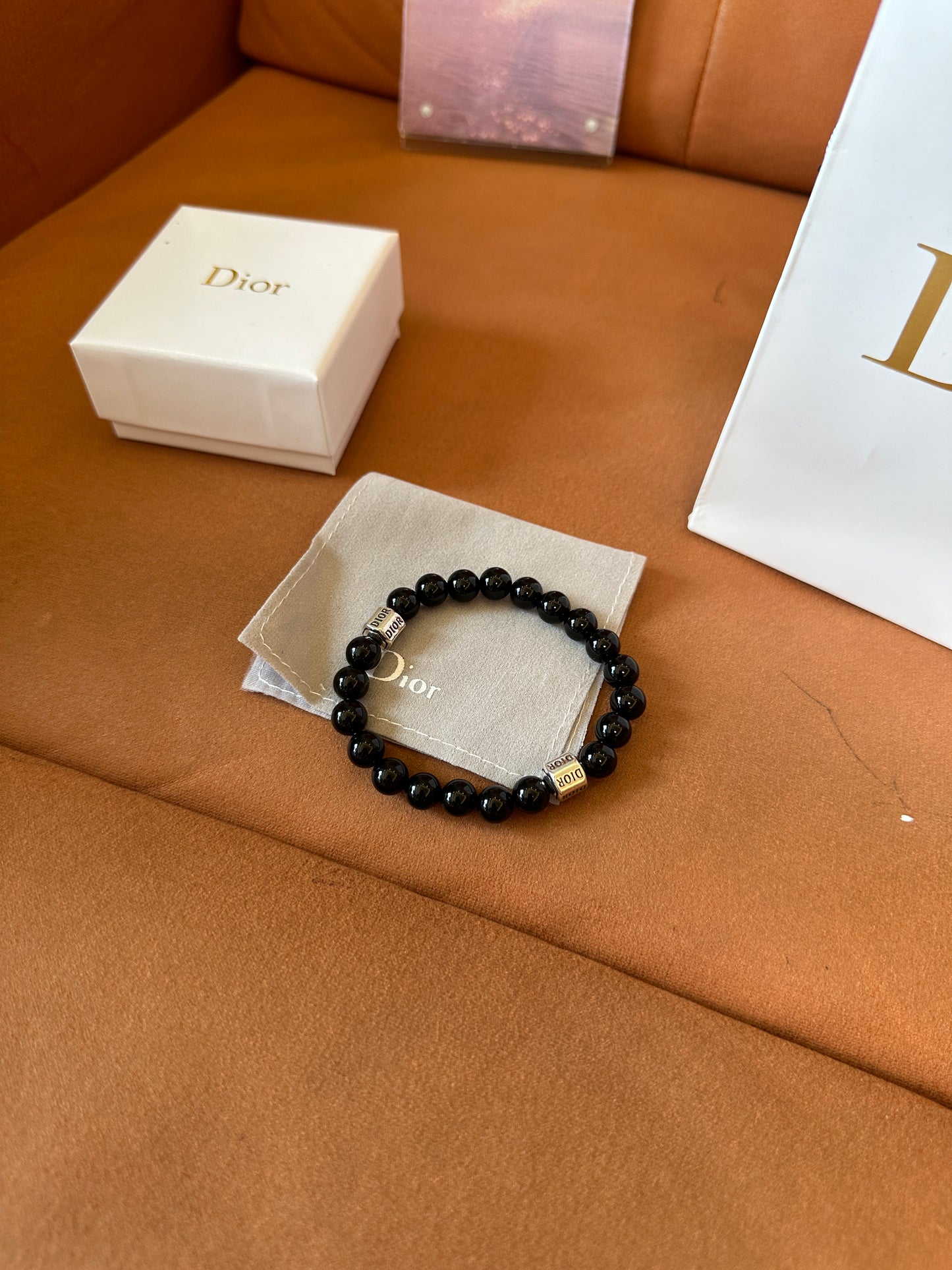 Dior Black Beaded Bracelet with Silver Logo Charms