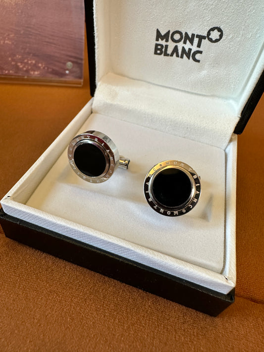 Montblanc Onyx Cufflinks Silver Tone Round Design with Logo