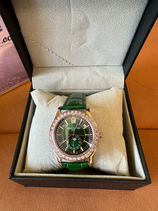Patek Philippe Green Dial Diamond Bezel Automatic Watch – 40mm Luxury Leather Strap