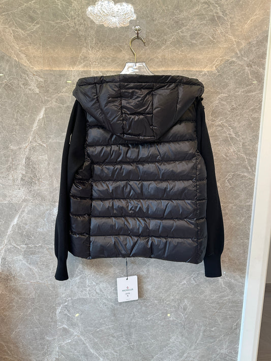 Moncler Knit Sleeve Down Jacket with Hood in Black