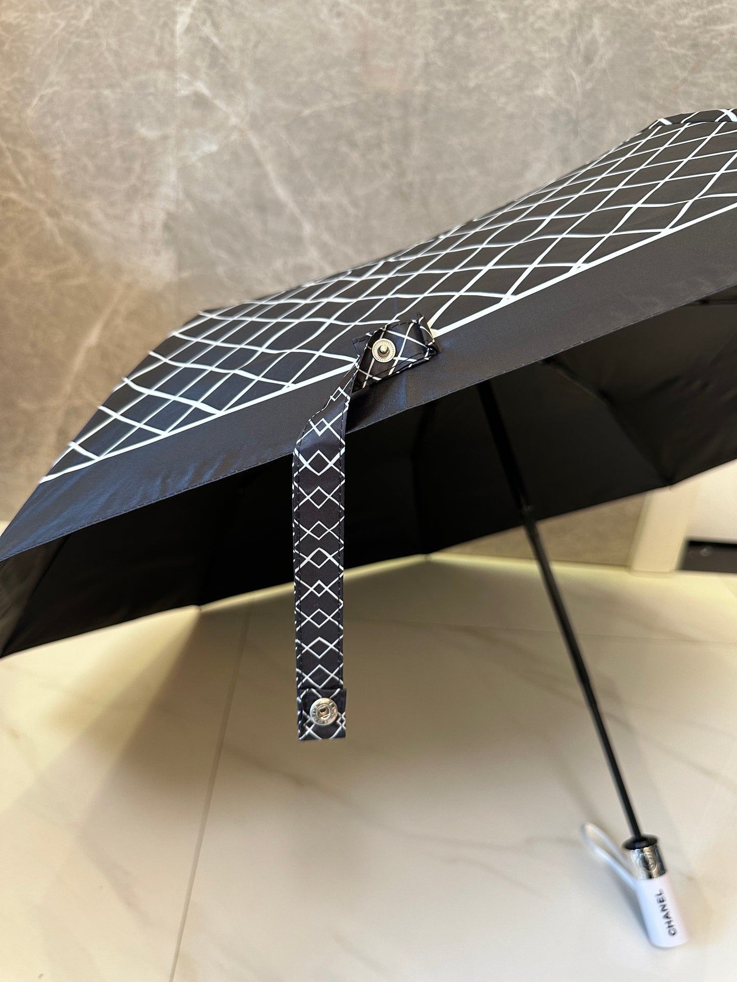 Chanel Foldable Black Umbrella with Camellia Flower and White Grid Pattern