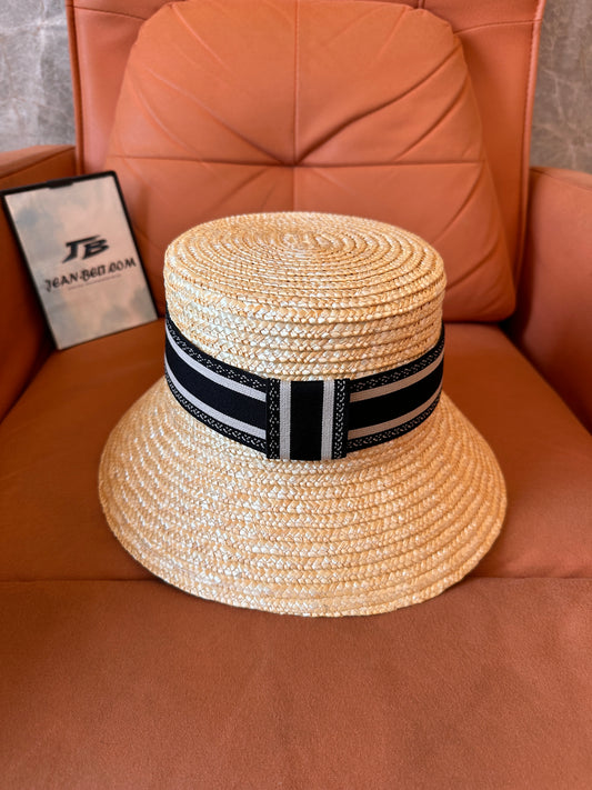 Christian Dior Natural Straw Bucket Hat with Black Embroidered Band