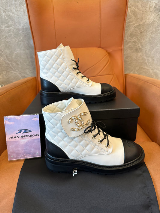 Chanel Chain Embellished Quilted Leather Ankle Boots – White & Black
