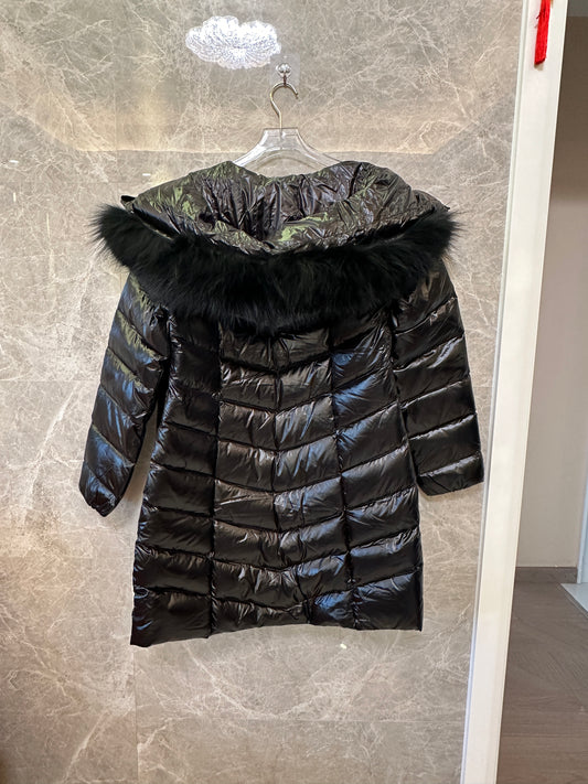 Moncler Black Long Down Coat with Fur Hood