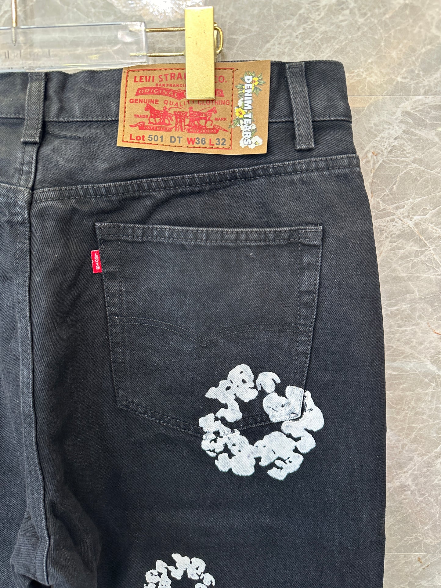 Levi’s × Denim Tears 501 Black Cotton Wreath Printed Jeans