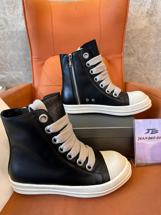 Rick Owens High-Top Leather Sneakers with Beige Laces