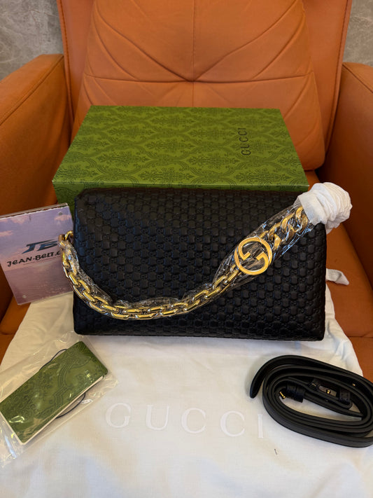 Gucci GG Embossed Leather Chain Shoulder Bag Black