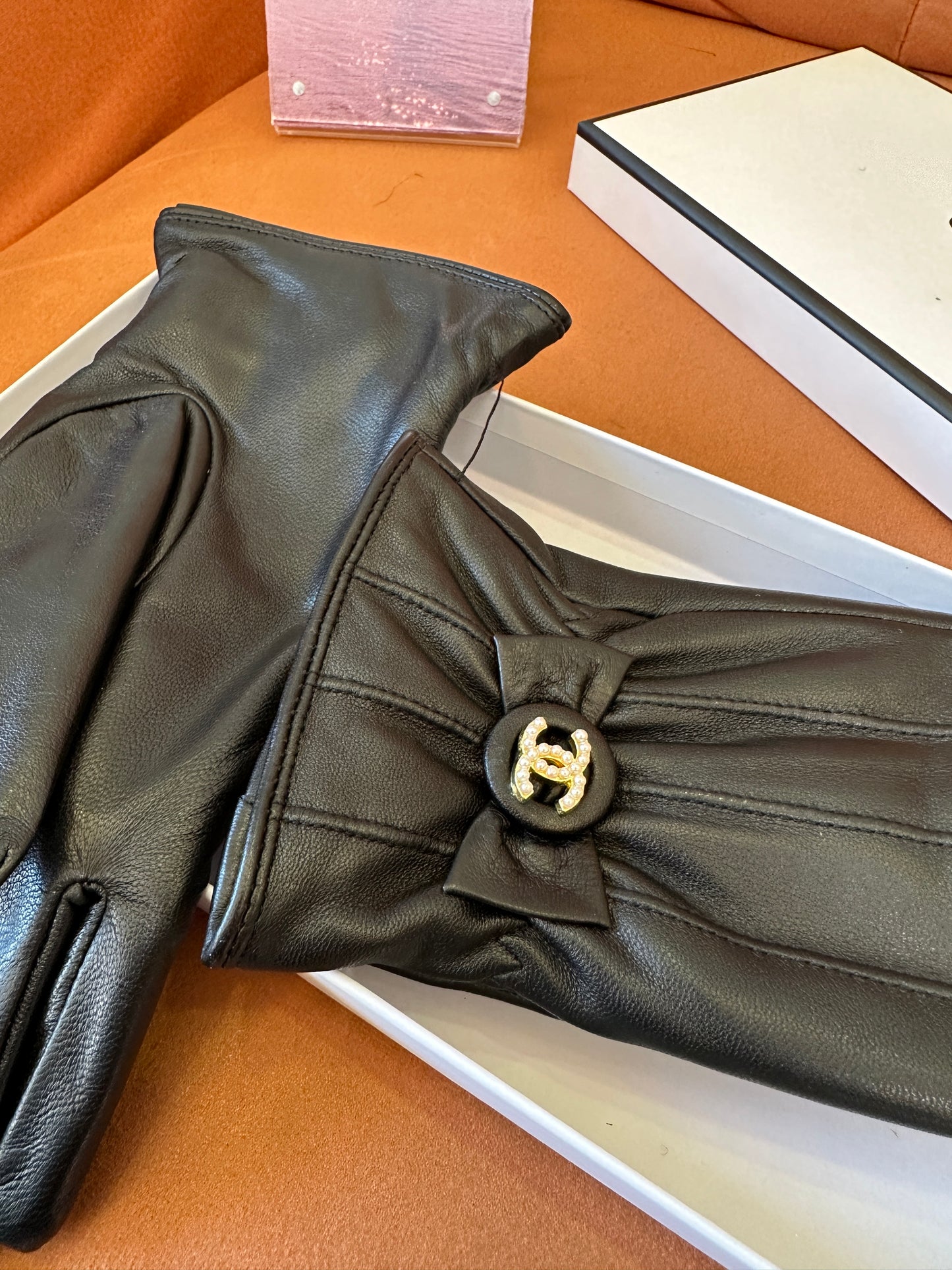 Chanel Black Lambskin Gloves with Bow CC Logo and Plush Fleece Lining