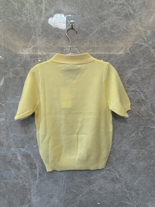 Gucci Yellow Short-Sleeve Knit Polo Top with Gold Buttons