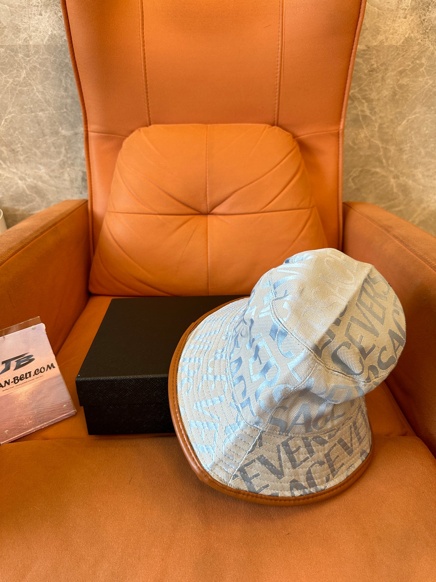 Versace Logo Jacquard Bucket Hat – Blue Grey Monogram with Leather Trim