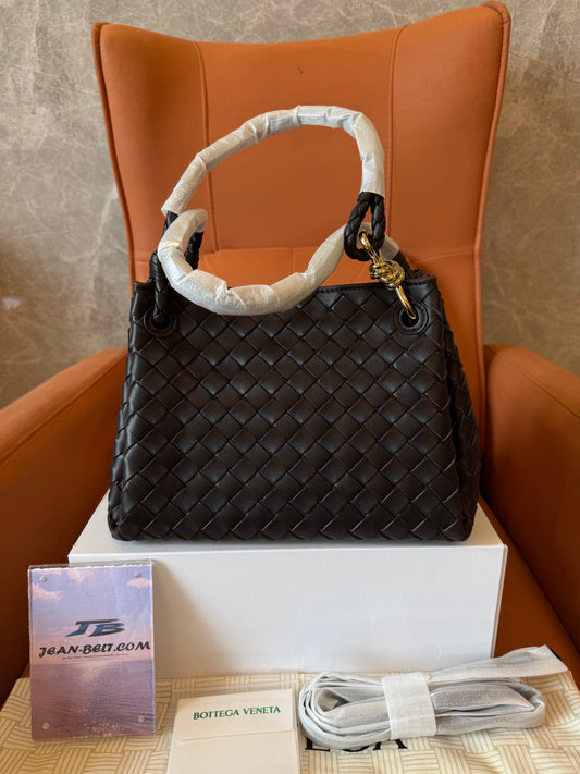 Bottega Veneta Intrecciato Woven Leather Top Handle Bag Dark Brown