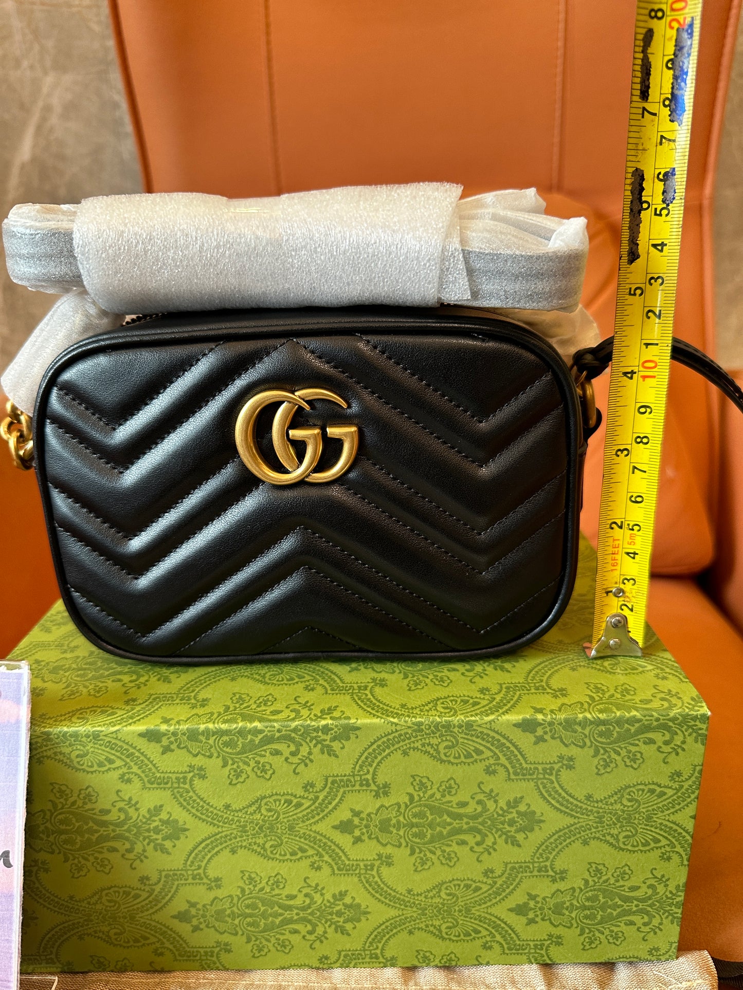 Gucci GG Marmont Black Chevron Leather Camera Bag Gold Double G