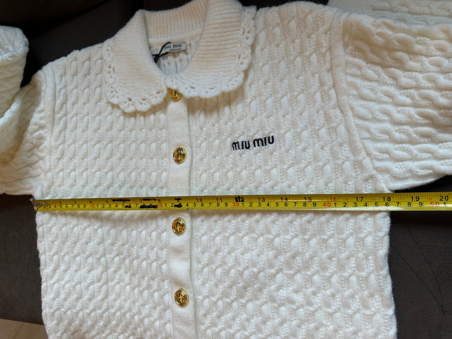 Miu Miu cream cable Knit cardigan with lace collar