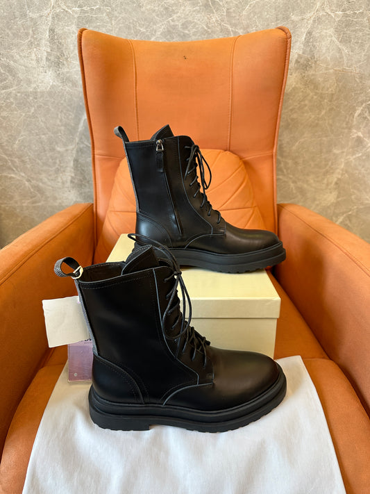 Brunello Cucinelli Black Leather Lace-Up Combat Boots