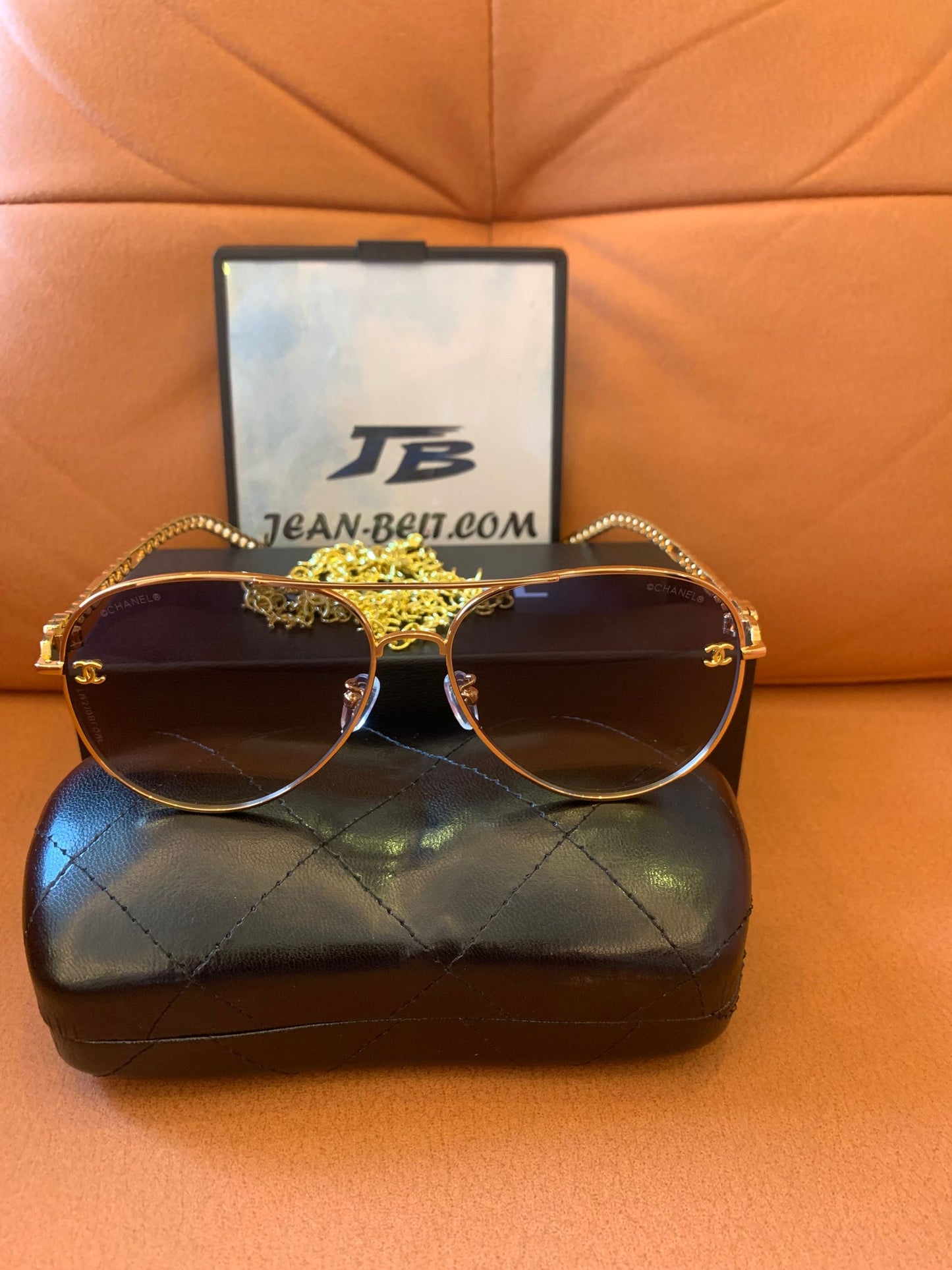 Chanel Gold Aviator Sunglasses with Chain Accent