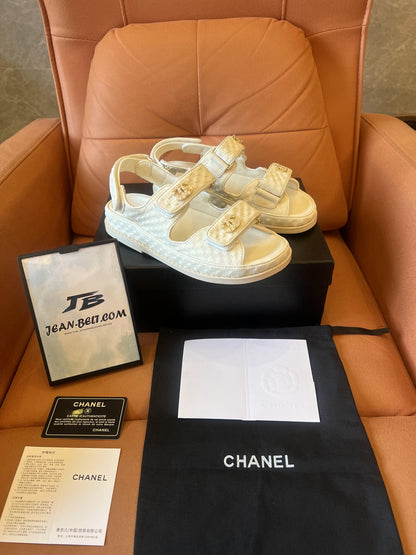 Chanel Dad Sandals CC White Grained Calfskin