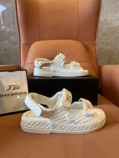 Chanel Dad Sandals CC White Grained Calfskin