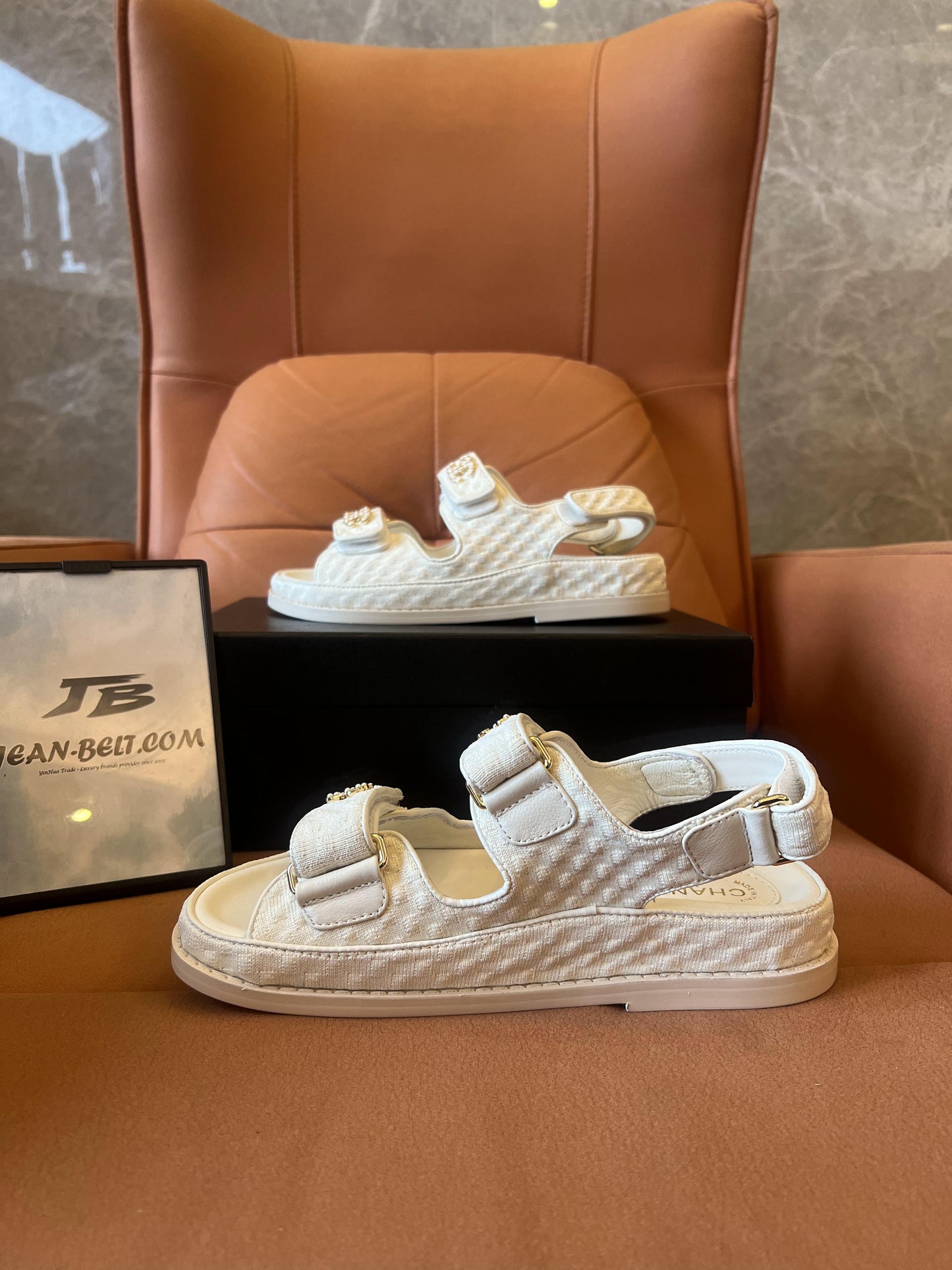 Chanel Dad Sandals CC White Grained Calfskin