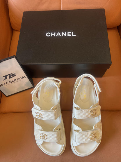 Chanel Dad Sandals CC White Grained Calfskin