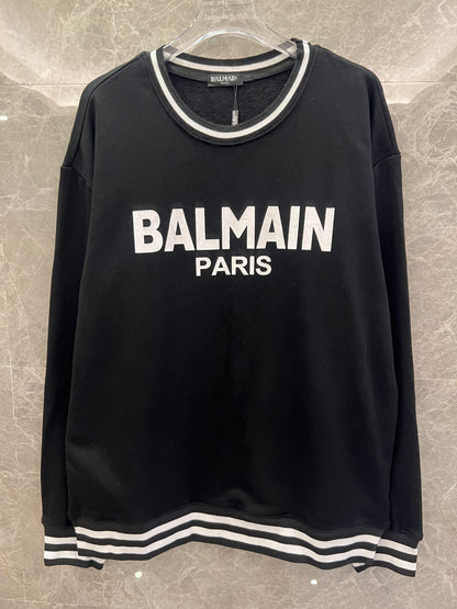 Balmain Paris Logo Sweatshirt – Black with White Striped Ribbing