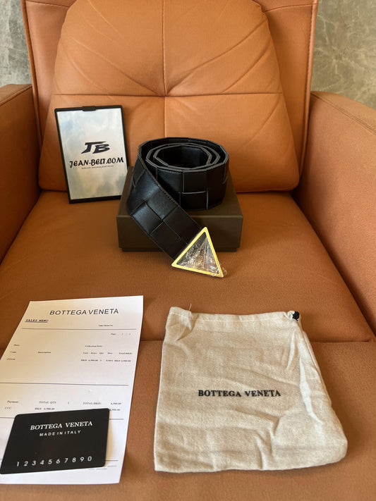 Bottega Veneta Black Intrecciato Belt with Gold-Tone Triangle Buckle