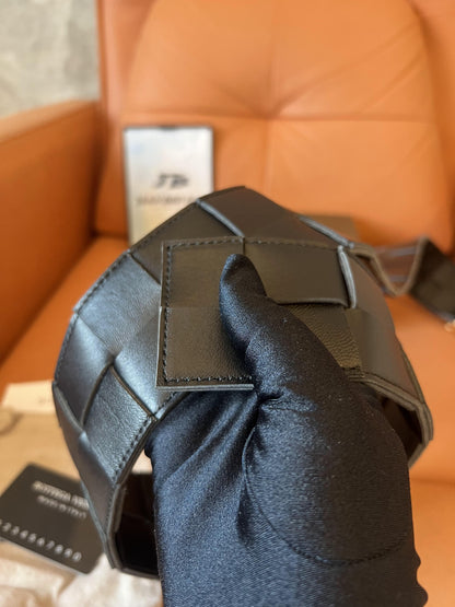 Bottega Veneta Black Intrecciato Belt with Gold-Tone Triangle Buckle