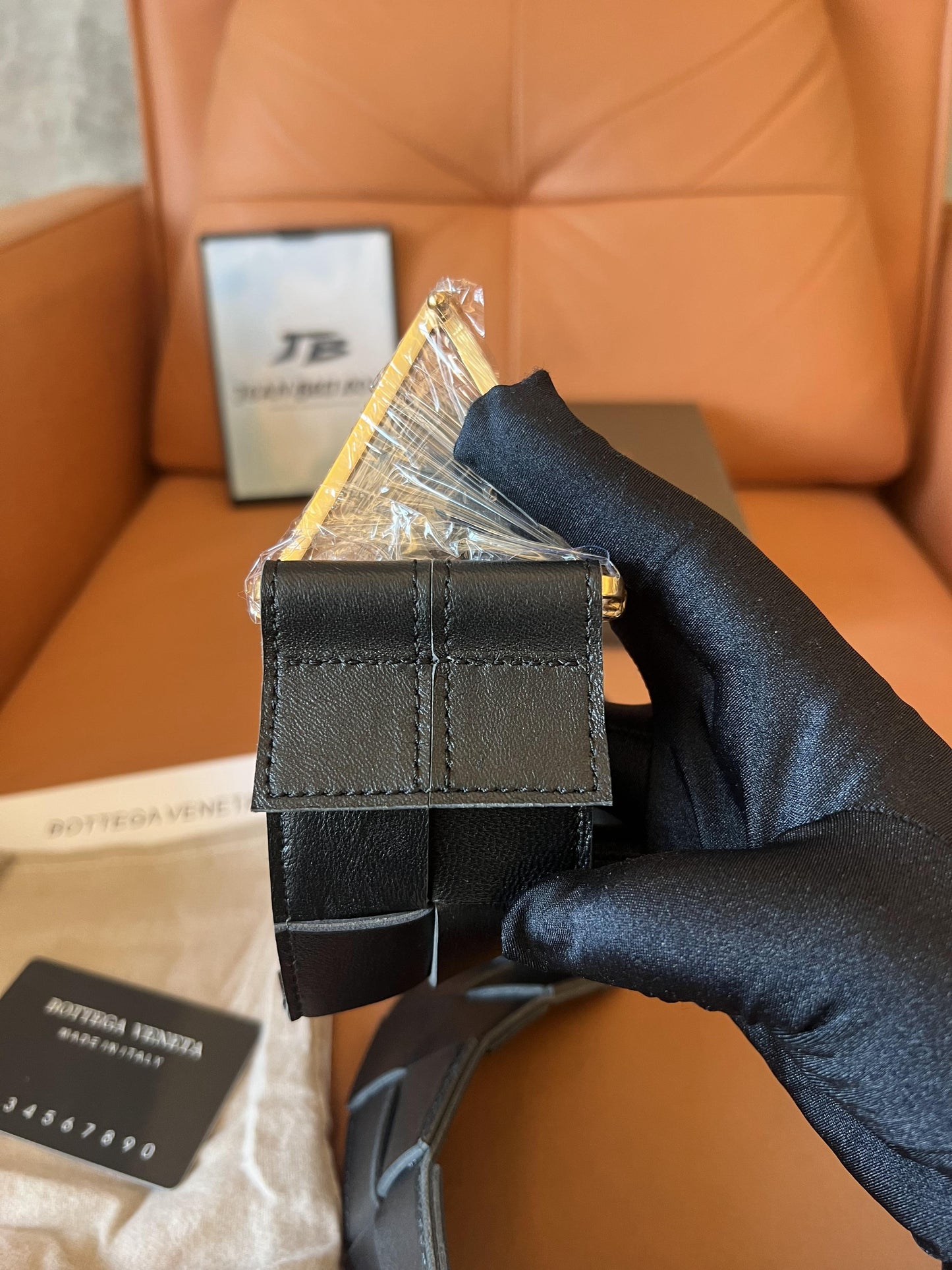 Bottega Veneta Black Intrecciato Belt with Gold-Tone Triangle Buckle