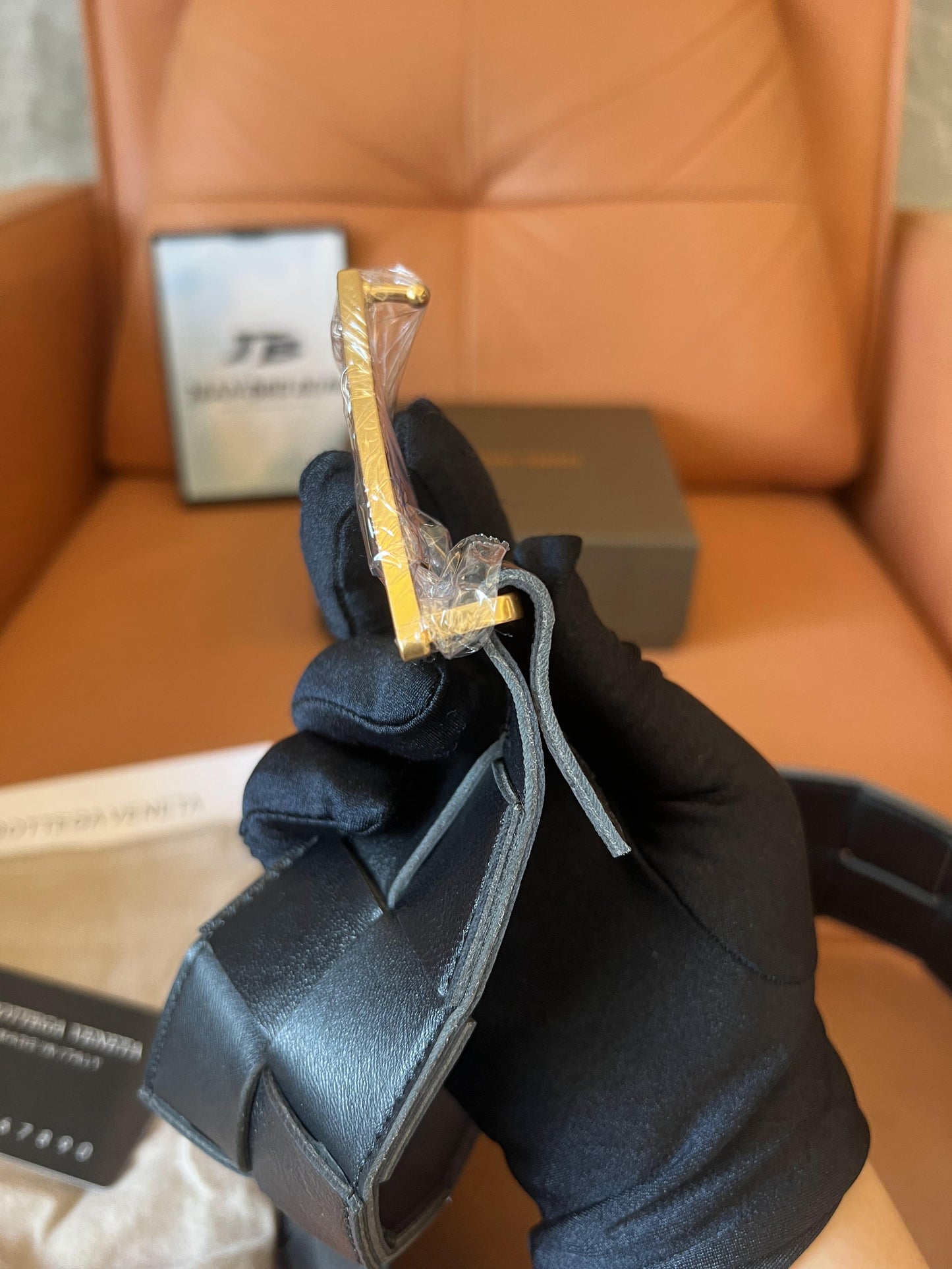 Bottega Veneta Black Intrecciato Belt with Gold-Tone Triangle Buckle