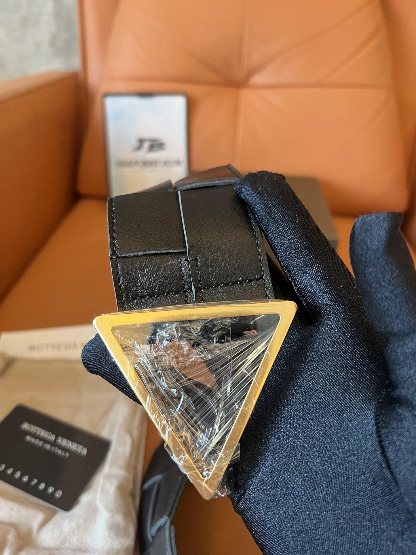 Bottega Veneta Black Intrecciato Belt with Gold-Tone Triangle Buckle