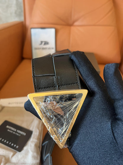 Bottega Veneta Black Intrecciato Belt with Gold-Tone Triangle Buckle