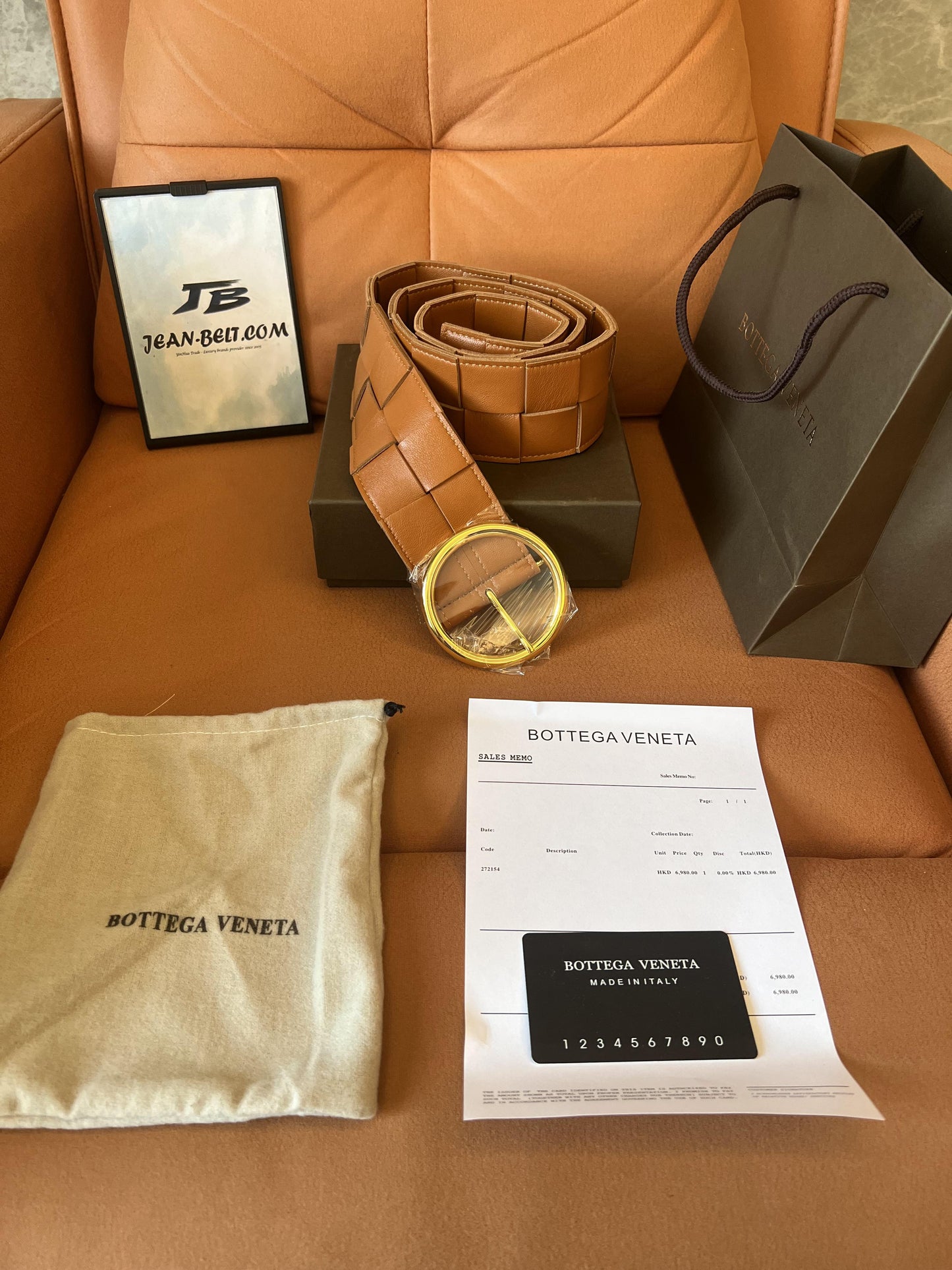 Bottega Veneta Tan Intrecciato Belt with Gold-Tone Circular Buckle