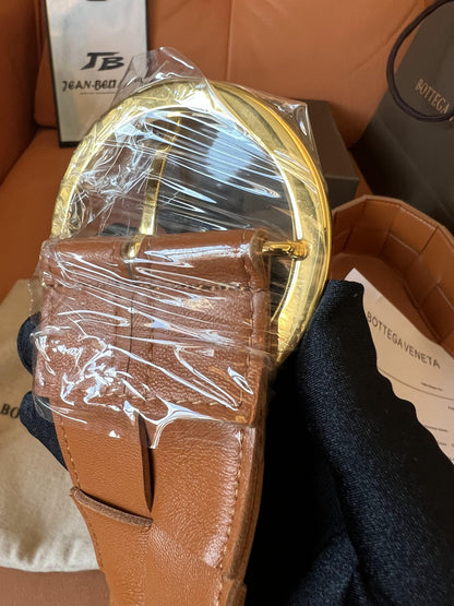 Bottega Veneta Tan Intrecciato Belt with Gold-Tone Circular Buckle