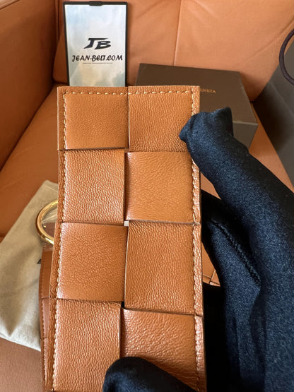 Bottega Veneta Tan Intrecciato Belt with Gold-Tone Circular Buckle