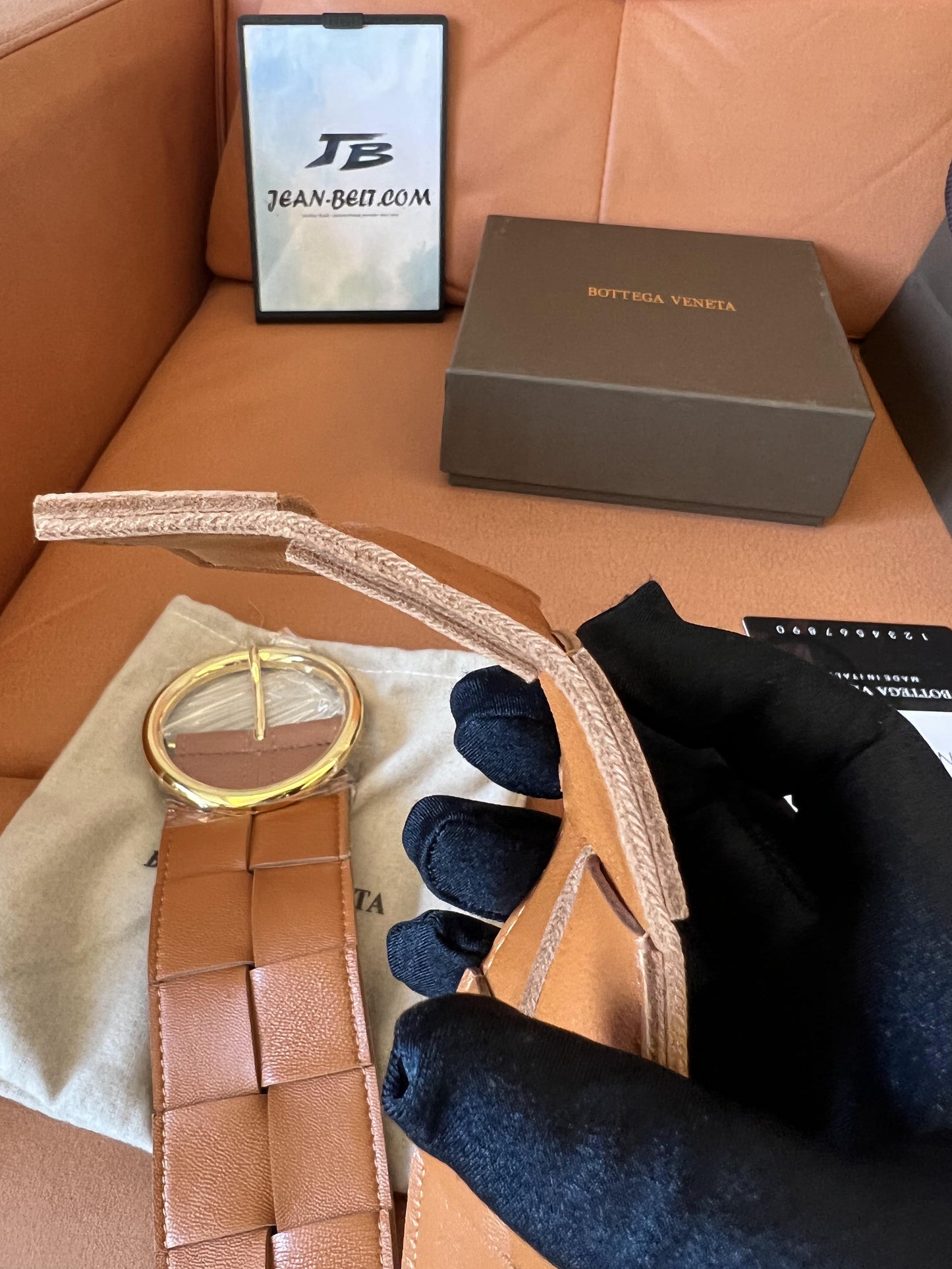 Bottega Veneta Tan Intrecciato Belt with Gold-Tone Circular Buckle