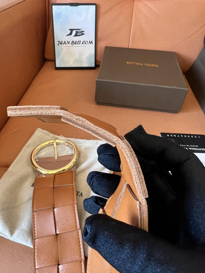 Bottega Veneta Tan Intrecciato Belt with Gold-Tone Circular Buckle