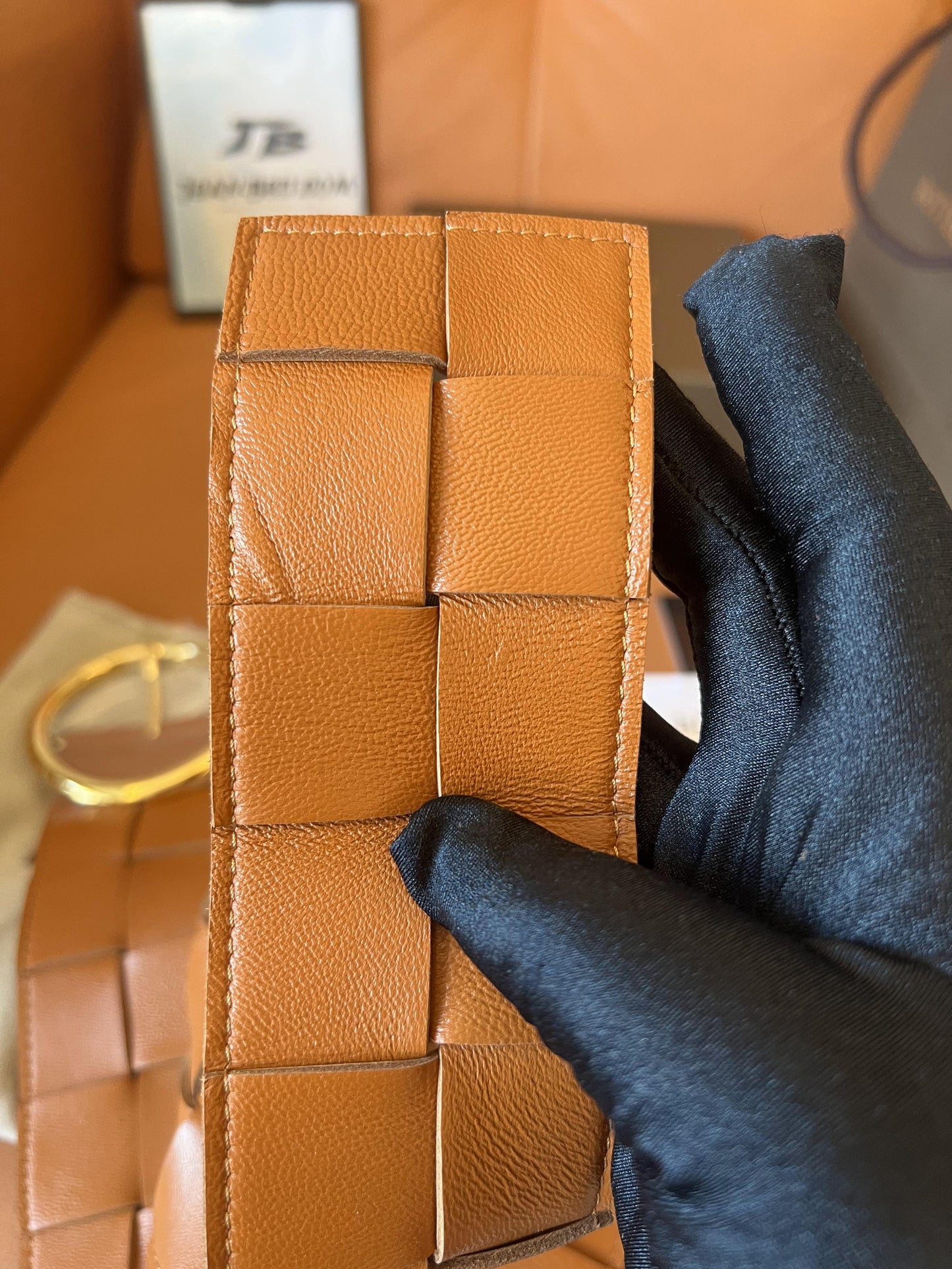 Bottega Veneta Tan Intrecciato Belt with Gold-Tone Circular Buckle