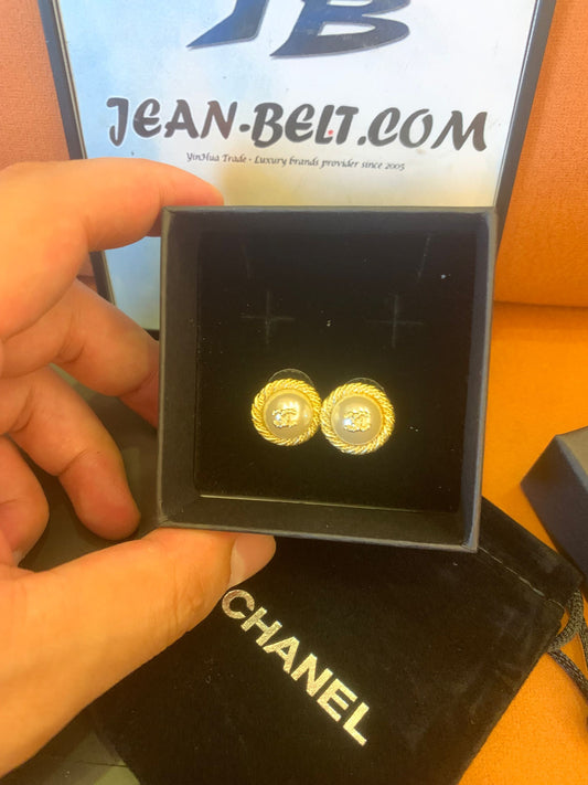 Chanel Pearl and Gold Stud Earrings with Crystal Accent