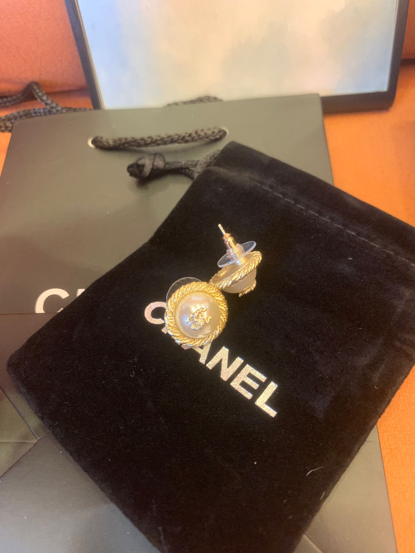 Chanel Pearl and Gold Stud Earrings with Crystal Accent