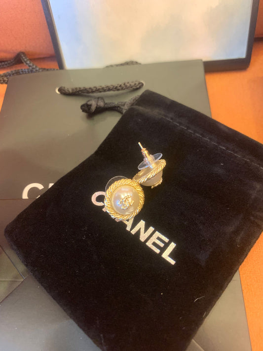 Chanel Pearl and Gold Stud Earrings with Crystal Accent