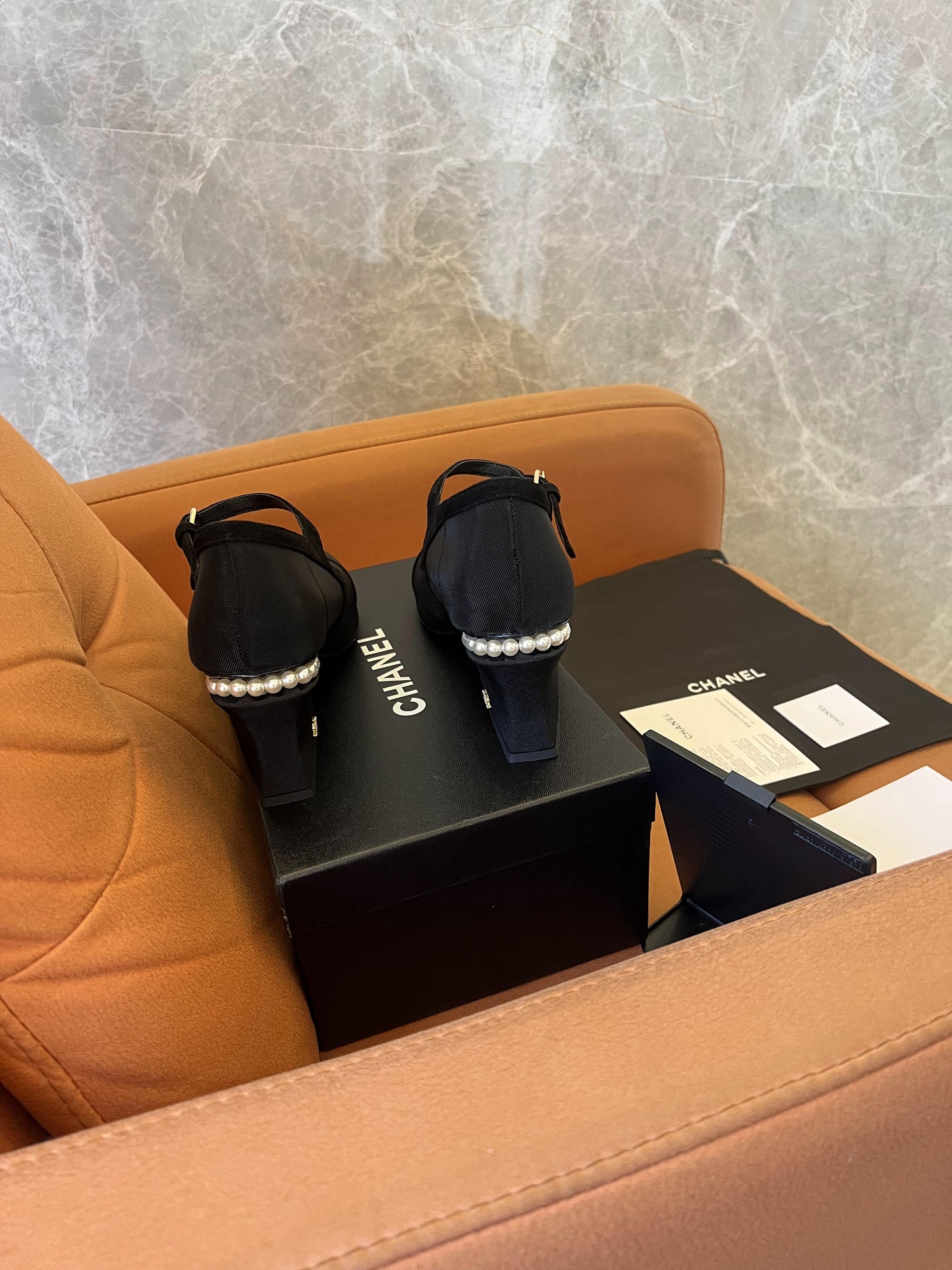 Chanel Black Mesh, Suede Calfskin, Grosgrain & Lmitation Pearls Pumps