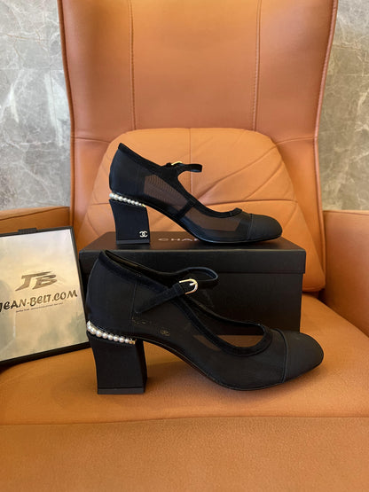 Chanel Black Mesh, Suede Calfskin, Grosgrain & Lmitation Pearls Pumps