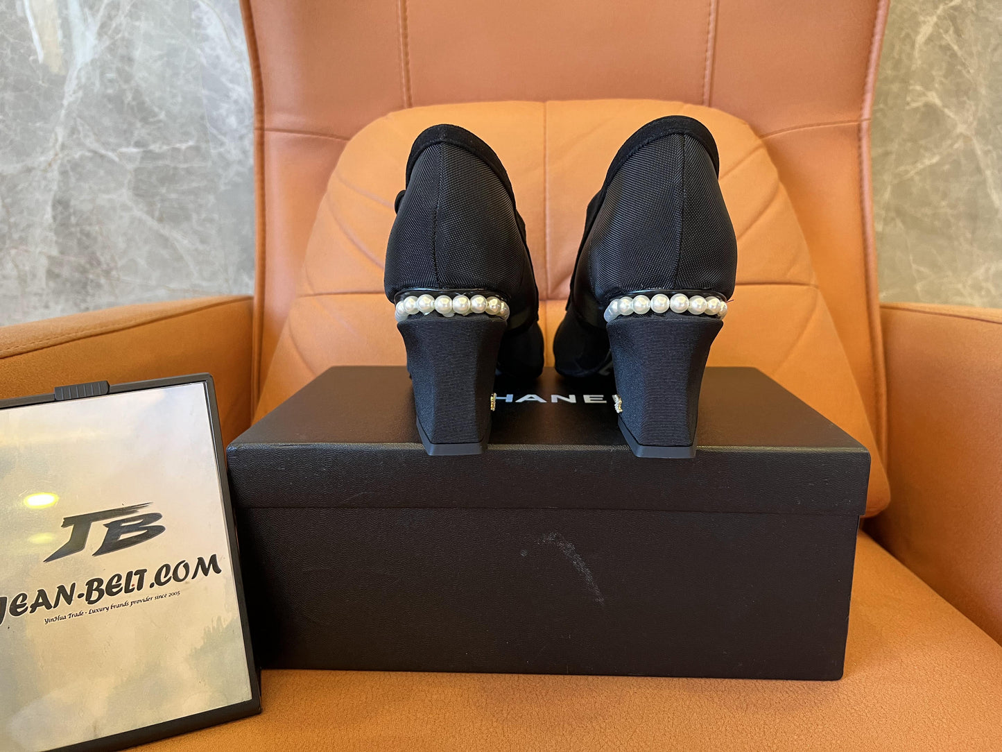 Chanel Black Mesh, Suede Calfskin, Grosgrain & Lmitation Pearls Pumps
