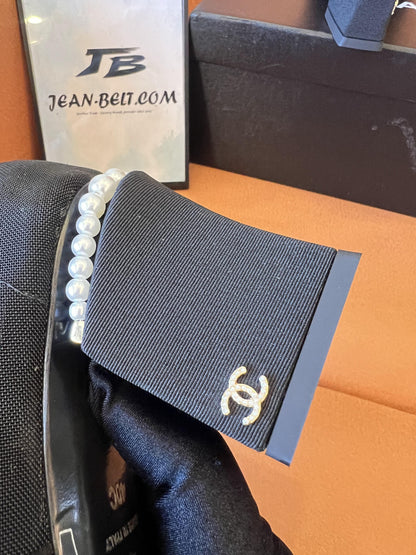Chanel Black Mesh, Suede Calfskin, Grosgrain & Lmitation Pearls Pumps